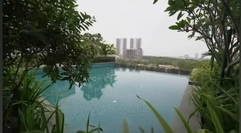 Exterior type: swimming pool deck; features: infinity pool, surrounded by greenery, pool deck with loungers, city skyline view in background, tropical landscaping; style: modern.