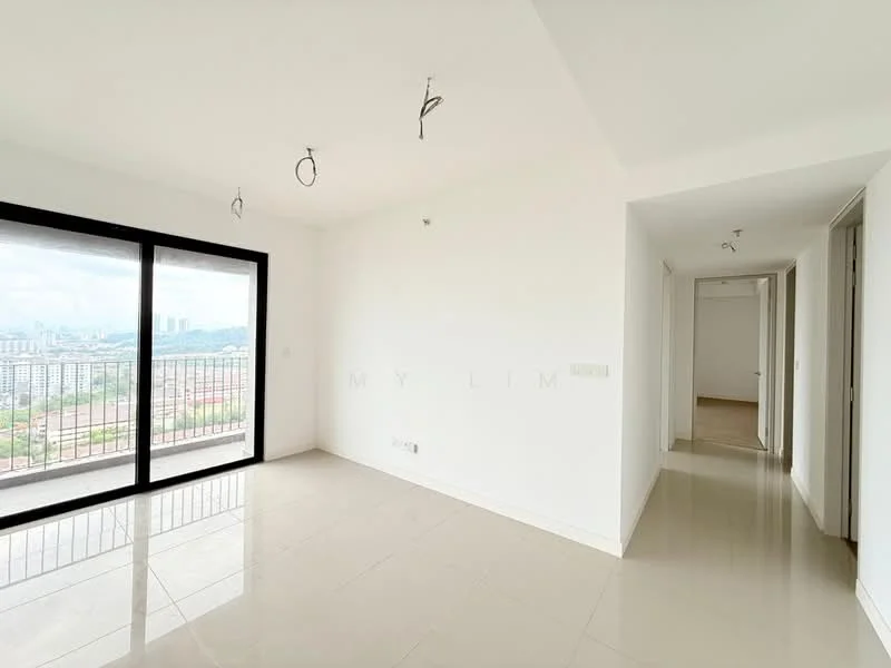 Living features: white painted walls, glossy tile flooring, floor-to-ceiling windows, city view, recessed downlights, hanging light fixtures, open layout, neutral color scheme; style: modern; view: city. Room features: white painted walls, glossy tile flooring, doorway leading to hallway.