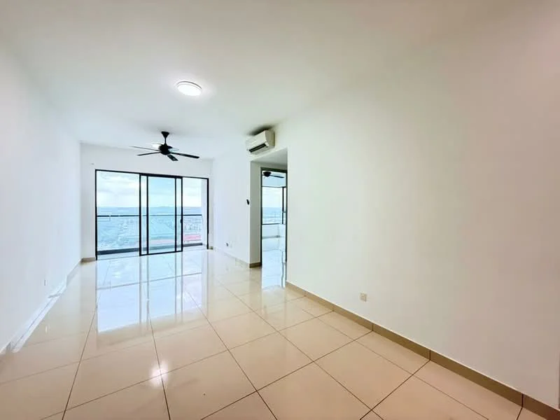 Living features: white painted walls, glossy beige tile flooring, 5-blade ceiling fan with light, floor-to-ceiling sliding glass door, ocean view, air conditioning unit, recessed lighting; style: modern; view: sea.