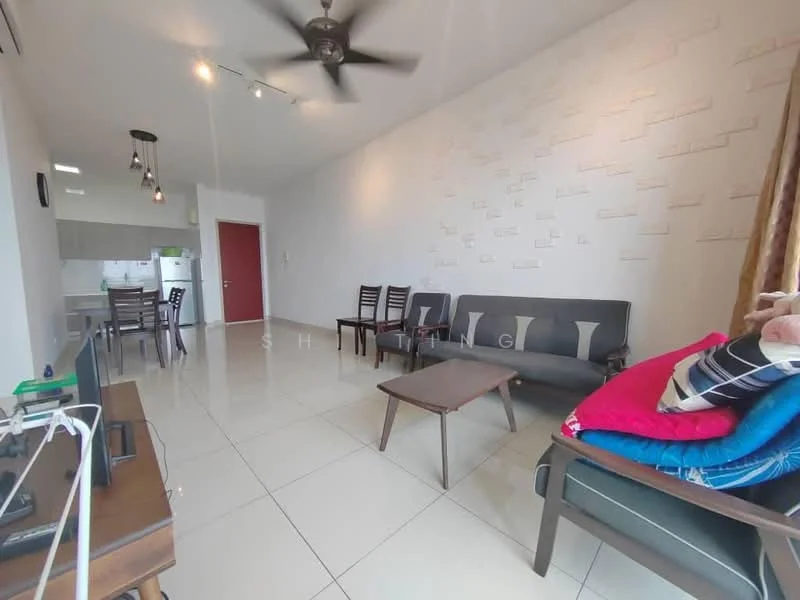 Living features: 3-seater fabric sofa in grey, 2-seater fabric sofa in green, wooden coffee table, tile flooring, white painted walls, accent wall with stone texture, ceiling fan, curtains, wall-mounted TV, dining table with 4 chairs in background, recessed lighting; style: modern.