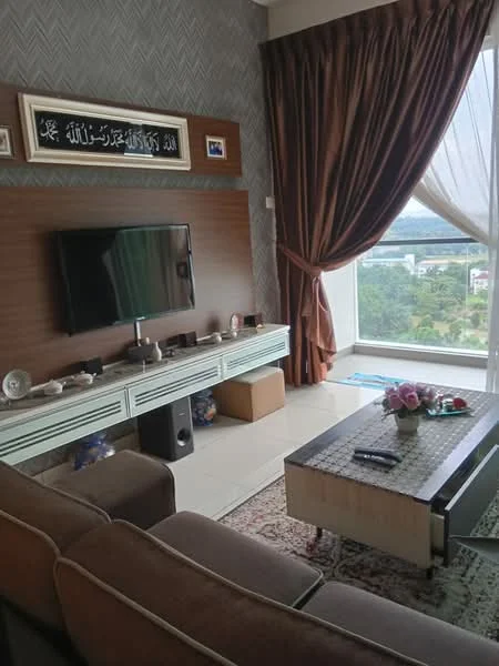 Living features: 3-seater fabric sofa in brown, coffee table with glass top, TV console with wall-mounted TV, decorative wall art, curtains in brown, floor-to-ceiling windows, area rug with geometric pattern, decorative vase with flowers, wood panel accent wall, light-colored wall with herringbone pattern, decorative items on console; style: modern; view: city.