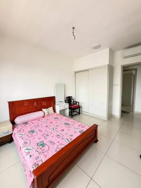 Bedroom features: queen-size bed with pink bedding, wooden bed frame, built-in wardrobe with sliding doors, white painted walls, white tiled flooring, mirror on dresser, desk with chair, ceiling light fixture; style: minimalist.
