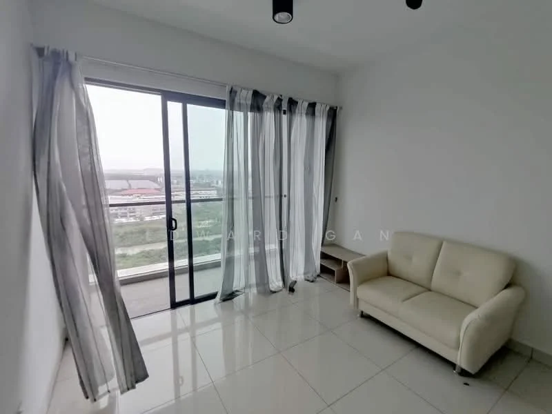 Living features: white painted walls, glossy tile flooring, floor-to-ceiling windows, sliding glass door, sheer curtains, 3-seater fabric sofa in cream, recessed downlights, city view; style: modern; view: city.