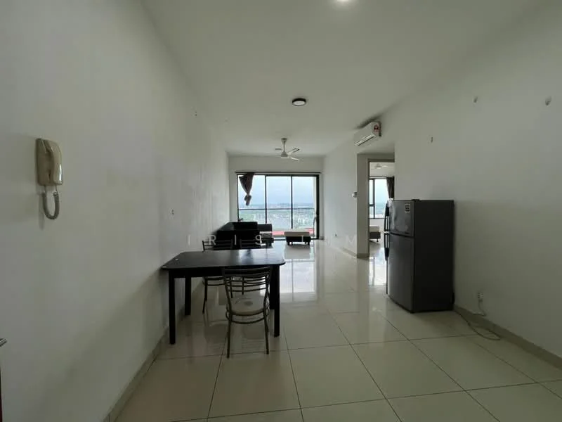 Living features: white painted walls, glossy ceramic tile flooring, 5-blade ceiling fan with light, floor-to-ceiling windows, blackout curtains, dining table with chairs, sofa, refrigerator; style: modern; view: city.