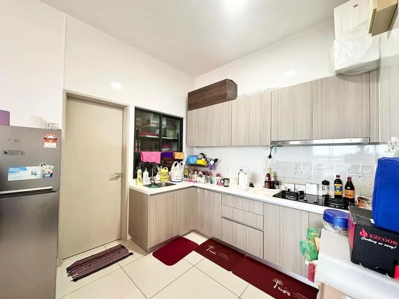 Kitchen features: light wood cabinetry, white countertop, stainless-steel fridge, built-in gas stove, white tiled backsplash, double-basin sink, chrome faucet, kitchen utensils on countertop, red area rug, window above sink, wall-mounted cabinets, open shelving, tile flooring; style: modern.