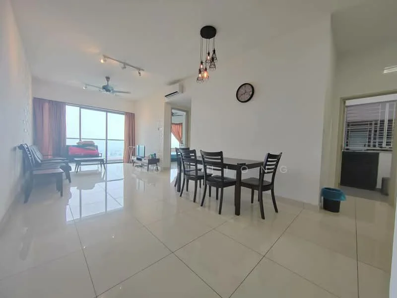 Living features: white painted walls, glossy ceramic tile flooring, 5-blade ceiling fan with light, recessed downlights, floor-to-ceiling windows, curtains in orange, wall clock, area rug, dining table with 6 chairs, 2-seater sofa, side chairs, decorative wall art; style: modern; view: city.