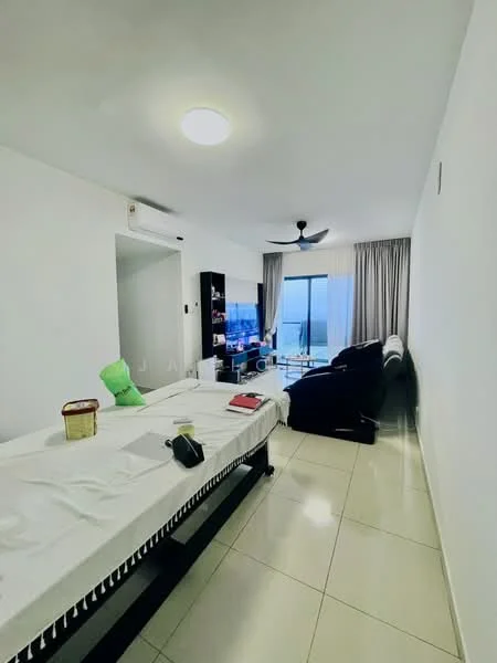Living features: white painted walls, glossy tile flooring, 5-blade ceiling fan with light, sofa in dark fabric, coffee table, TV console, floor-to-ceiling windows, curtains, decorative items on shelves; style: modern; view: city.
