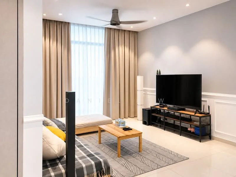 Living features: 5-blade ceiling fan with light, floor-to-ceiling windows, sheer curtains, cream painted walls, grey accent wall, recessed downlights, 3-seater fabric sofa in grey, coffee table in wood, TV console, wall-mounted TV, area rug with geometric pattern, decorative plants; style: modern.