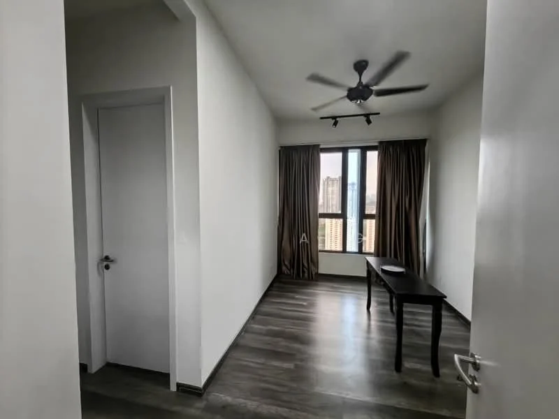 Room features: white painted walls, laminate flooring, 5-blade ceiling fan, floor-to-ceiling windows, brown curtains, small wooden table, doorway leading to another room, natural light from window; style: modern; view: city.