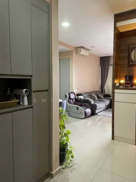 Living features: grey leather sofa, recliner chair, area rug, wall-mounted air conditioning unit, curtains, light-colored walls, tile flooring, decorative wall art, coffee table; style: modern. Room features: built-in cabinetry, plant, white walls, light fixtures.