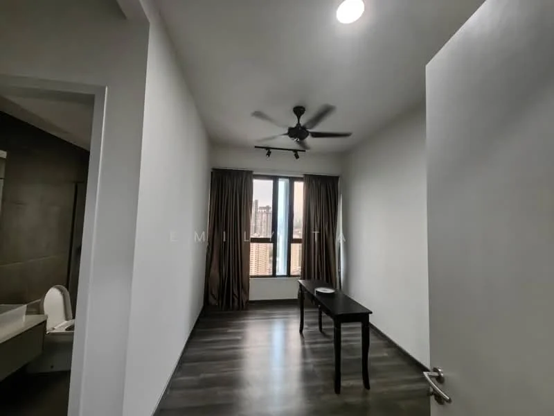 Room features: white painted walls, dark wood flooring, 5-blade ceiling fan, floor-to-ceiling windows, curtains, small table, view of city skyline; style: modern; view: city.