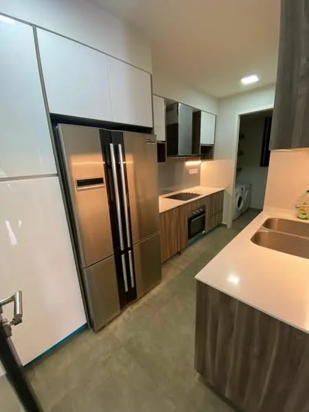 Kitchen features: stainless-steel fridge, built-in oven, double-bowl stainless-steel sink, chrome pull-down faucet, white laminate countertop, wood cabinetry with dark accents, under-cabinet lighting, ceramic tile flooring, washer/dryer unit visible, recessed downlights; style: modern.