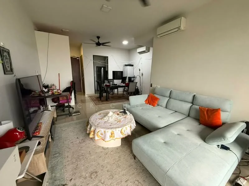 Living features: light grey fabric sectional sofa, orange accent pillows, round coffee table with floral design, TV console with flat-screen TV, wall-mounted TV, ceiling fan, wall-mounted air conditioning unit, marble tile flooring, decorative wall art, open shelving unit, dining table with four chairs; style: modern.