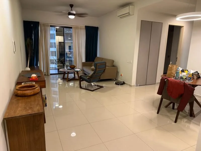 Living features: cream painted walls, glossy tile flooring, 5-blade ceiling fan with light, floor-to-ceiling windows, sliding glass door, sheer curtains, dark blue curtains, light brown fabric sofa, wooden coffee table, wooden sideboard, blue armchair, dining table with four chairs, decorative bowl on sideboard, vacuum cleaner, various items on dining table; style: modern; view: garden.