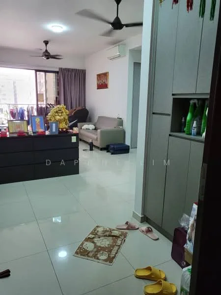 Living features: light grey sofa, 2 ceiling fans, white walls, white ceiling, recessed lighting, large window with sheer curtains, glossy white tile flooring, decorative wall art, coffee table, area rug, sliding door to balcony; style: modern; view: city. Room features: built-in cabinets, floor mat, slippers.