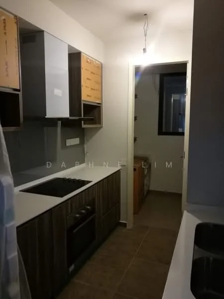 Kitchen features: laminate cabinetry in wood finish, white quartz countertop, built-in oven, 4-burner gas hob, stainless-steel sink, single-bowl stainless-steel sink, wall-mounted cabinets, tile backsplash, recessed lighting, floor tiles in beige, open layout to utility area, window for natural light; style: modern. Utility features: space for washing machine, built-in shelving, window for ventilation.