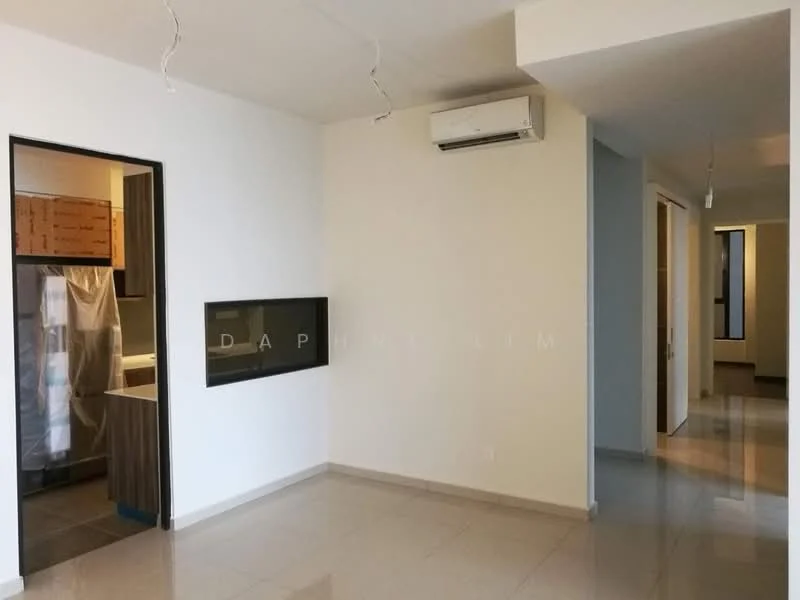 Living features: cream painted walls, white ceiling, recessed downlights, 1 wall-mounted split AC, large window with natural light, glossy tile flooring, open layout, built-in wall feature with glass panel; style: modern. Room features: cream painted walls, white ceiling, glossy tile flooring, doorway leading to another room.