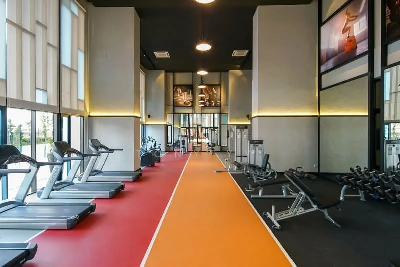 Room features: treadmills, weight training machines, free weights, rubber flooring, large windows, high ceilings, track lighting, decorative wall art, mirrored walls, exercise mats, open layout; style: modern; view: garden.