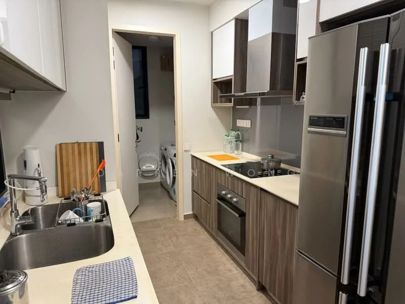 Kitchen features: single-bowl stainless-steel sink, chrome pull-down faucet, granite countertop, white cabinetry with flat-panel design, built-in oven, freestanding range oven, stainless-steel fridge, ceramic tile flooring, recessed downlights, wall-mounted cabinets, wooden cutting board, laundry area visible through door; style: modern.