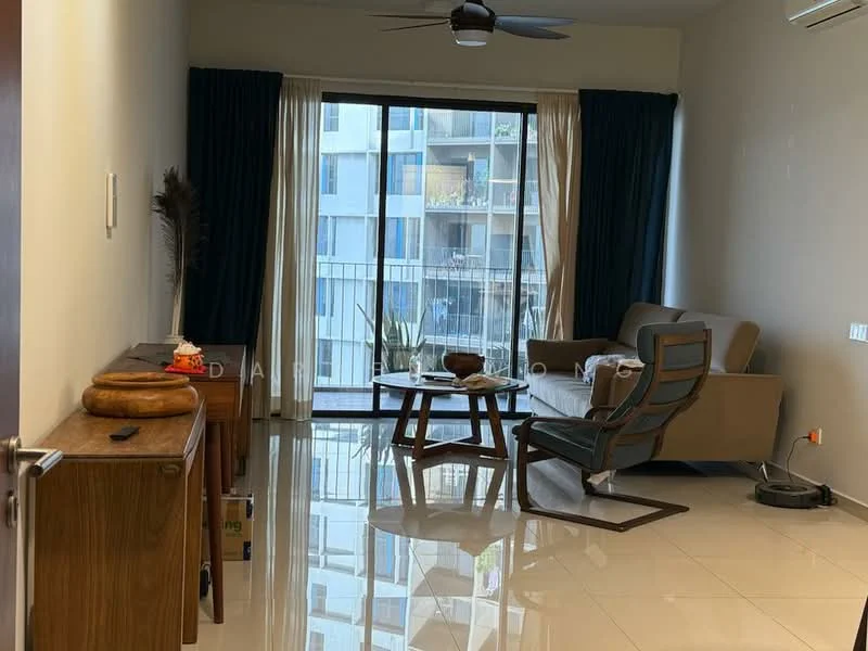Living features: floor-to-ceiling windows, sliding glass door, beige fabric sofa, wooden coffee table, 3-blade ceiling fan, cream curtains, white walls, glossy tile flooring, wooden sideboard, decorative plant, area rug; style: modern; view: city.