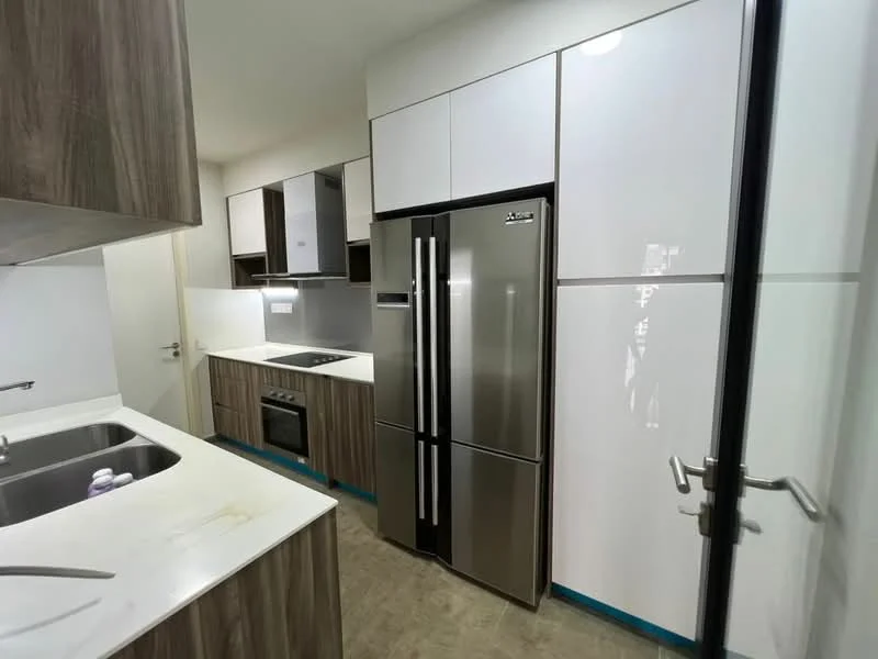 Kitchen features: stainless-steel fridge, built-in oven, 4-burner gas hob, single-bowl stainless-steel sink, chrome pull-down faucet, white laminate countertop, wood cabinetry with dark finish, white upper cabinets, tile backsplash, recessed downlights, grey vinyl flooring; style: modern.