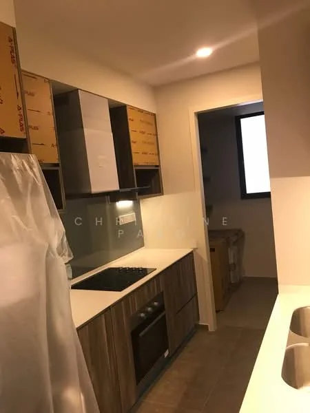 Kitchen features: white countertop, wood cabinetry, built-in oven, 4-burner gas hob, stainless-steel sink, single-bowl sink, wall-mounted cabinets, tile flooring, recessed downlights; style: modern. Room features: doorway leading to hallway, window, boxes in corner.