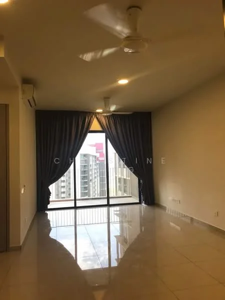 Living features: floor-to-ceiling windows, sliding glass door, curtains, 5-blade ceiling fan, recessed LED downlights, glossy tile flooring, neutral painted walls, balcony view; style: modern; view: city.