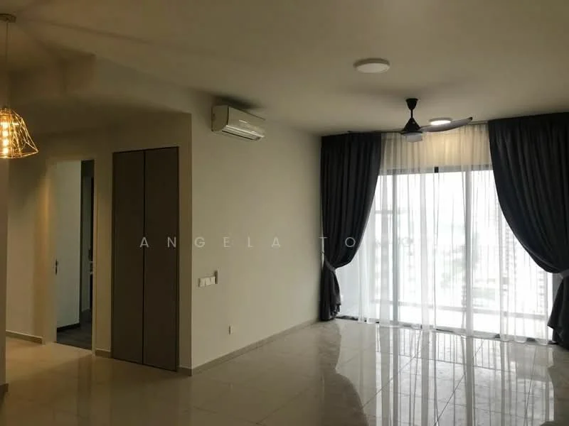 Living features: floor-to-ceiling windows, grey curtains, 5-blade ceiling fan with light, wall-mounted split AC, polished tile flooring, neutral painted walls, recessed downlights, open layout, decorative pendant light; style: modern; view: city. Room features: doorway leading to another room, neutral painted walls, grey carpet flooring.