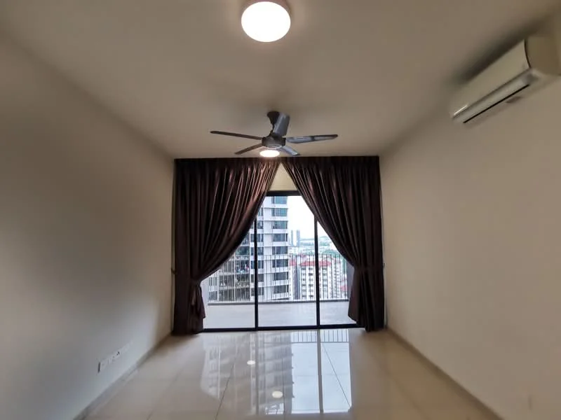 Living features: floor-to-ceiling windows, sliding glass door, curtains in dark brown, 5-blade ceiling fan with light, wall-mounted split AC, cream painted walls, glossy tile flooring, city view; style: modern; view: city.