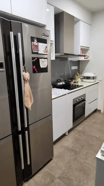 Kitchen features: stainless-steel side-by-side fridge, built-in oven, freestanding range oven, white shaker cabinets, grey countertop, ceramic tile backsplash, kitchen sink, exhaust hood, wall-mounted microwave, tile flooring, recessed downlights; style: modern.