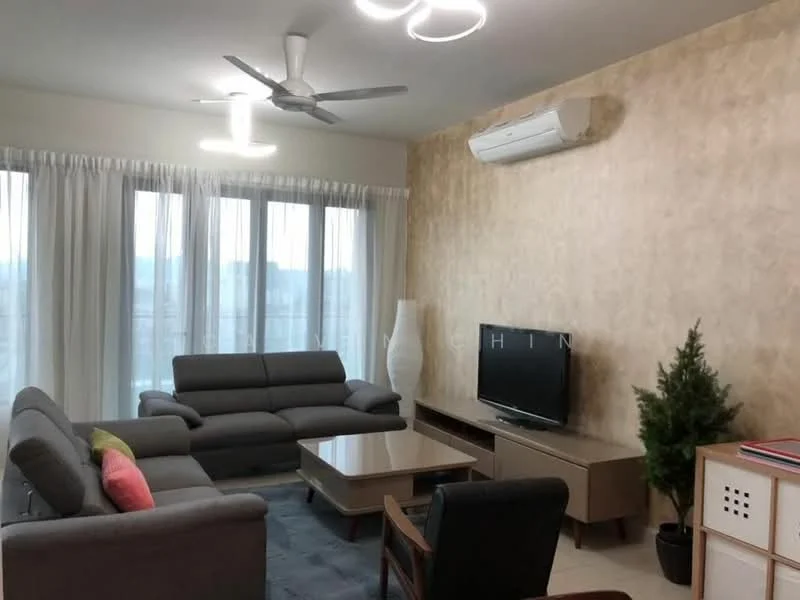 Living features: 3-seater fabric sofa in grey, 2-seater fabric sofa in grey, wooden armchair, coffee table, TV console, wall-mounted TV, floor-to-ceiling windows, sheer curtains, 5-blade ceiling fan with light, wall-mounted air conditioning unit, decorative plant, area rug with geometric pattern, accent pillow in pink, textured feature wall in beige; style: modern; view: city.