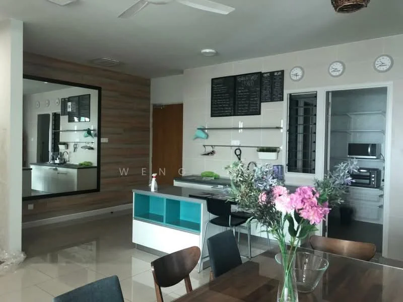 Kitchen features: white cabinetry, black countertop, stainless-steel microwave, built-in oven, kitchen island, open shelving, glass-front upper cabinets, 5-blade ceiling fan, wall clock, decorative wall with wood paneling, tile flooring, dining table with wooden chairs, vase with flowers; style: modern. Dining features: dining table, wooden chairs; style: modern.