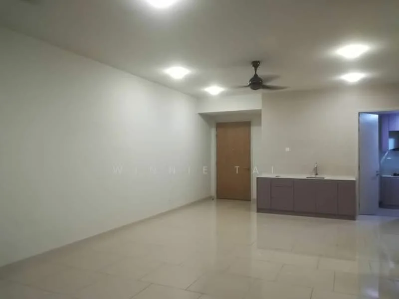 Room features: white painted walls, glossy tile flooring, ceiling fan, recessed downlights, kitchenette with purple cabinetry, single-bowl stainless-steel sink, countertop, doorway leading to another room; style: modern.