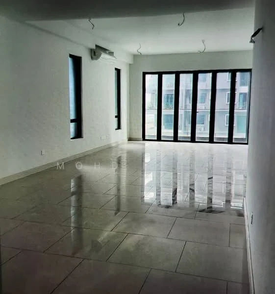 Room features: white painted walls, polished tile flooring, floor-to-ceiling windows, natural light, ceiling with hanging wires, open layout, no visible furniture, neutral color scheme; style: modern.
