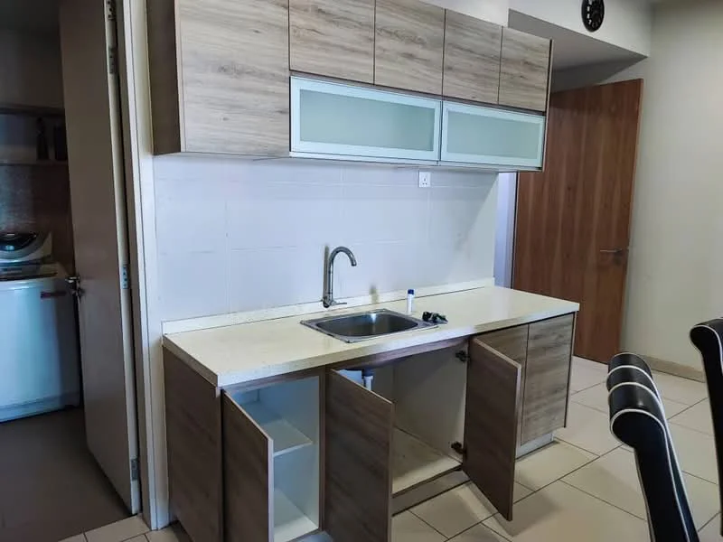 Kitchen features: laminate cabinetry in wood finish, white countertop, single-bowl stainless-steel sink, chrome pull-down faucet, upper cabinets with glass panels, open shelving, tile backsplash, ceramic tile flooring; style: modern.