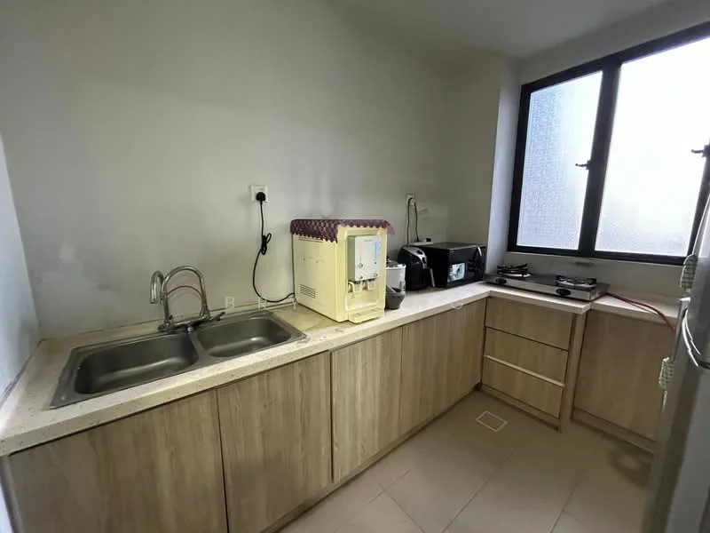 Kitchen features: double-bowl stainless-steel sink, chrome pull-down faucet, granite countertop, wood cabinetry, built-in gas hob, built-in refrigerator, water dispenser, tile flooring, window with frosted glass, wall-mounted electrical outlet; style: modern.