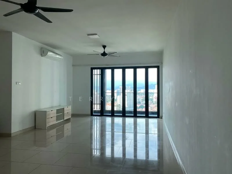 Living features: white painted walls, glossy tile flooring, 2 ceiling fans, floor-to-ceiling windows, sliding glass door, TV console, city view, air conditioning unit; style: modern; view: city.