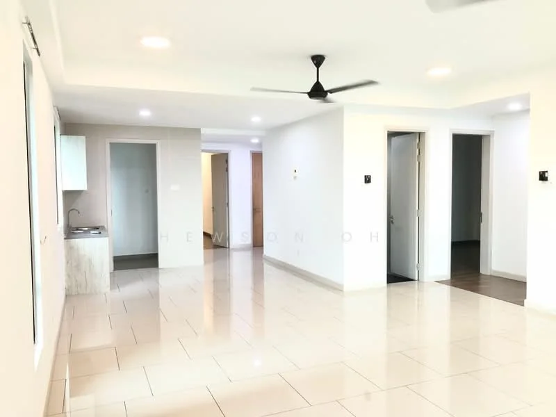 Room features: white painted walls, glossy ceramic tile flooring, ceiling fan, recessed downlights, open layout, doorways leading to other rooms, kitchenette area visible, neutral color scheme; style: modern.