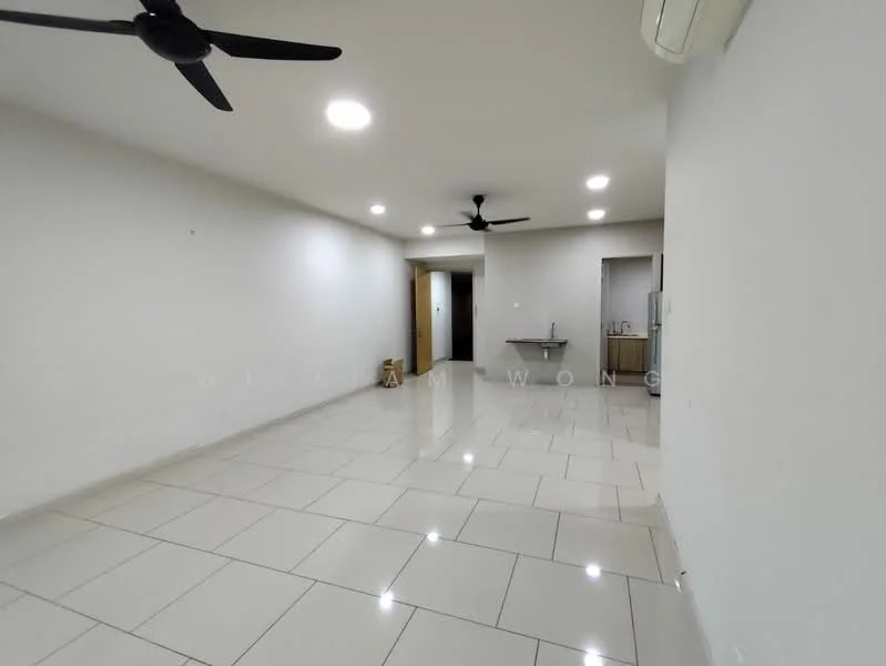 Room features: white painted walls, glossy ceramic tile flooring, 2 ceiling fans, recessed downlights, open layout, doorway leading to another room, wall-mounted air conditioning unit, neutral color scheme; style: modern.
