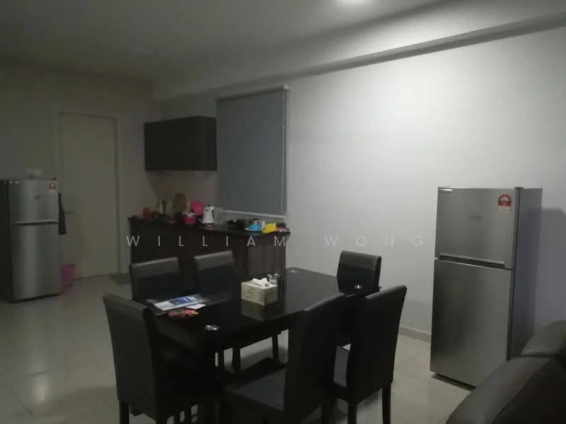 Dining features: dining table for 6, black dining chairs, refrigerator, stainless-steel fridge, grey kitchen cabinets, white walls, tile flooring, window with roller blinds, decorative items on countertop; style: modern.