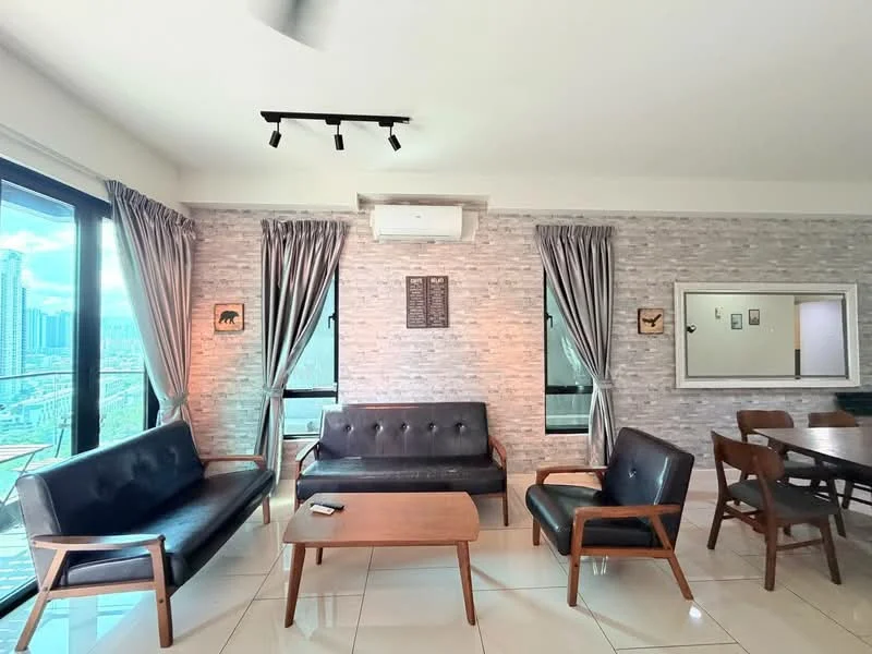 Living features: 3-seater leather sofa in black, 2-seater leather sofa in black, wooden coffee table, floor-to-ceiling windows, grey stone accent wall, curtains in light grey, recessed LED downlights, wall-mounted air conditioning unit, decorative wall art, framed mirror, tile flooring in cream; style: modern; view: city.