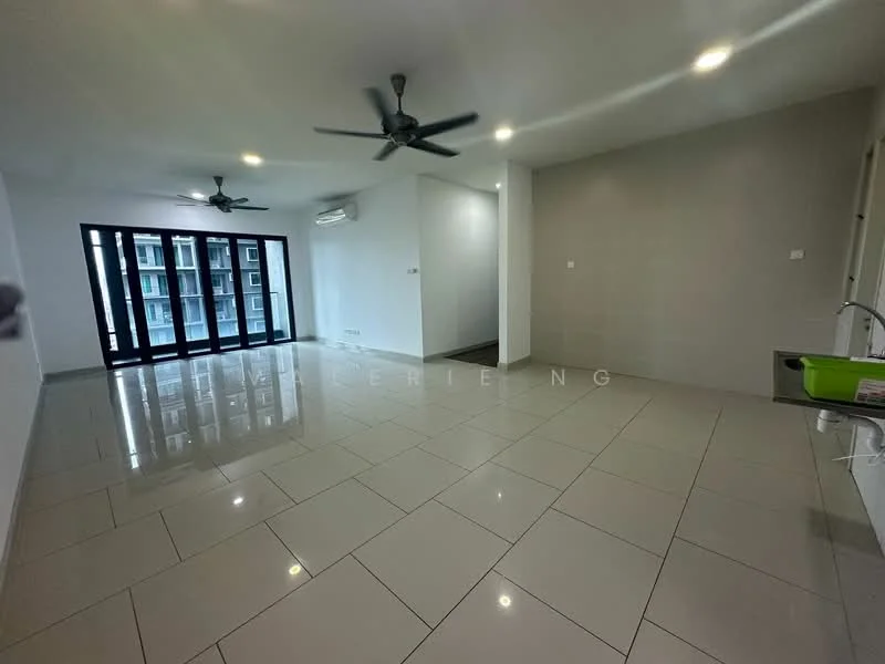 Living features: large floor-to-ceiling windows, sliding glass door, 2 ceiling fans, white painted walls, grey accent wall, glossy ceramic tile flooring, recessed downlights, open layout, air conditioning unit, kitchenette with sink; style: modern.