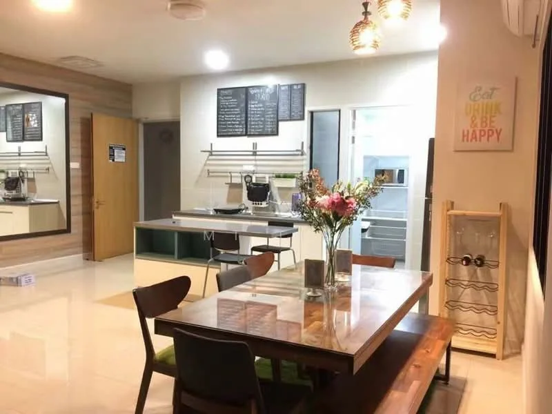 Kitchen features: white cabinetry, grey countertop, stainless-steel appliances, built-in fridge, open shelving, kitchen island with seating, pendant lighting, tile flooring, wall-mounted menu board, decorative wall mirror, dining table with wooden surface, upholstered dining chairs, flower vase on table, green area rug; style: modern.