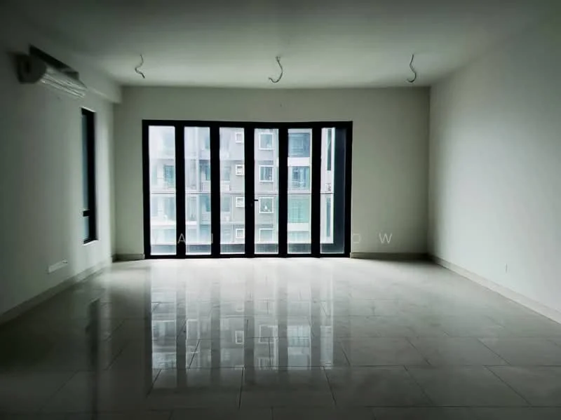 Living features: white painted walls, polished marble flooring, floor-to-ceiling windows, sliding glass door, 1 wall-mounted split AC, recessed downlights, no visible furniture, empty space; style: modern; view: city.