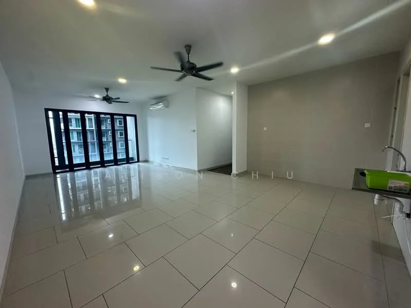 Living features: white painted walls, grey accent wall, glossy ceramic tile flooring, 2 ceiling fans, floor-to-ceiling windows, sliding glass door, air conditioning unit, recessed downlights; style: modern.