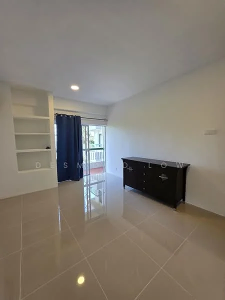Room features: white painted walls, glossy tile flooring, built-in shelving unit, curtains, window with view, black wooden sideboard, ceiling light fixture; style: modern.