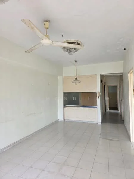 Living features: white painted walls, tile flooring, 5-blade ceiling fan, recessed downlights, pendant lamp, open kitchen area, doorway leading to hallway, large windows, neutral color scheme.