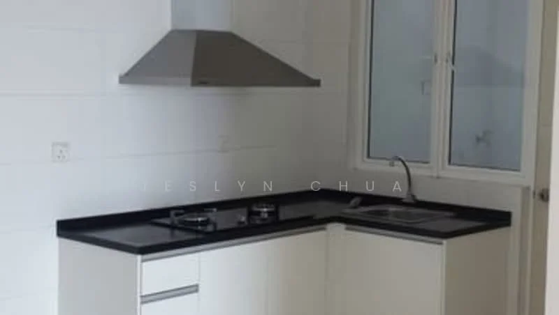 Kitchen features: black granite countertop, white cabinetry, stainless-steel sink, chrome pull-down faucet, built-in gas hob, stainless-steel range hood, white tiled walls, window with white frame; style: modern.