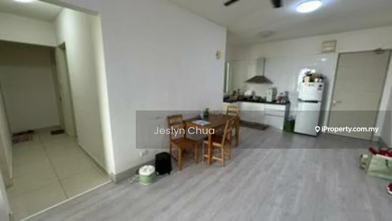 Kitchen features: white walls, light wood flooring, ceiling fan, stainless-steel fridge, built-in oven, freestanding range oven, kitchen cabinets, kitchen island, dining table with chairs; style: modern. Room features: white walls, light wood flooring, doorway to hallway.
