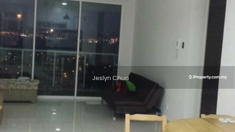 Living features: floor-to-ceiling windows, sliding glass door, grey fabric sofa, coffee table, white walls, glossy tile flooring, city view, recessed downlights; style: modern; view: city.